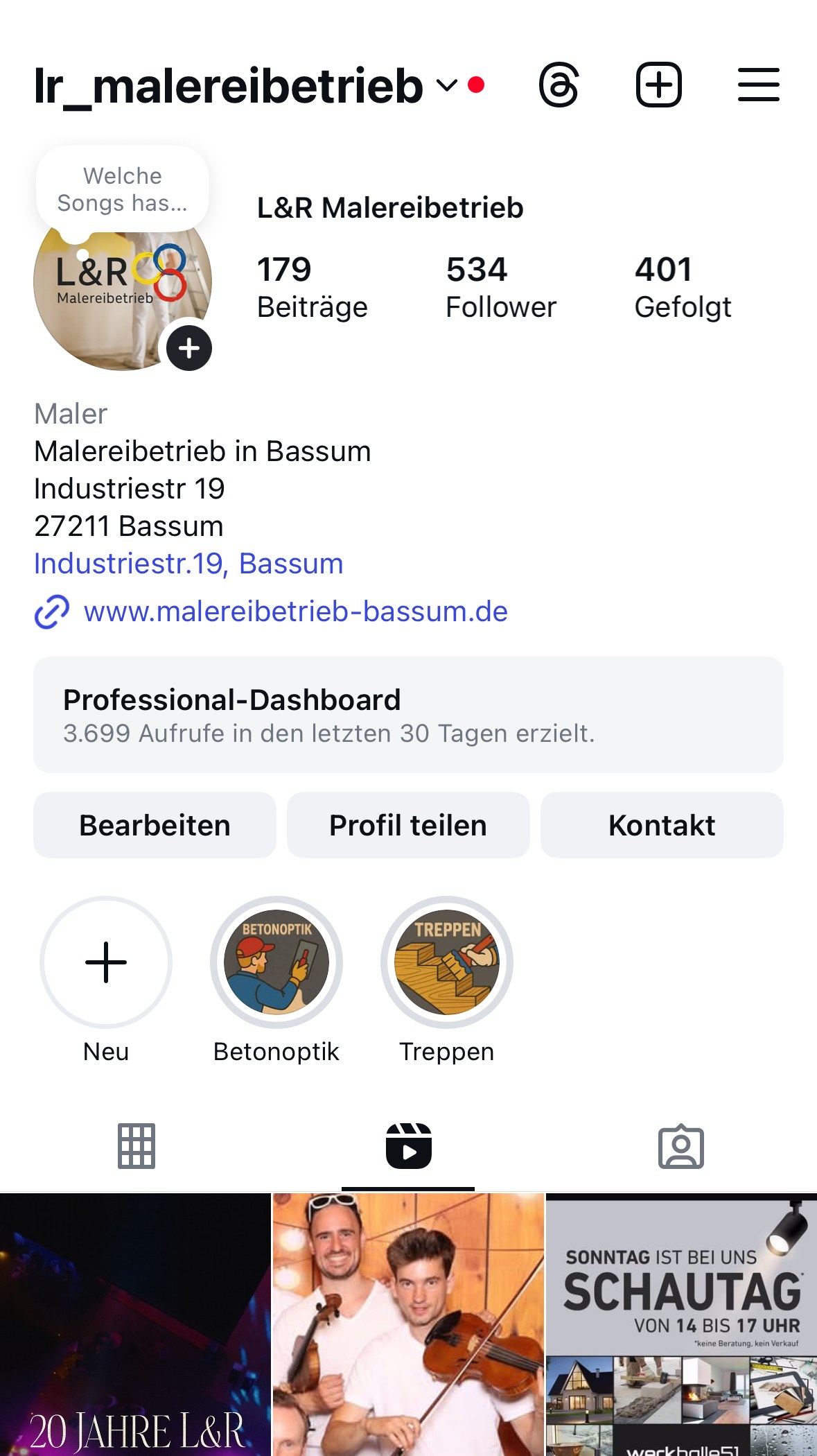 Instagram-Profil L&R Malereibetrieb vor der Zusammenarbeit – 534 Follower und 3.699 Aufrufe in 30 Tagen